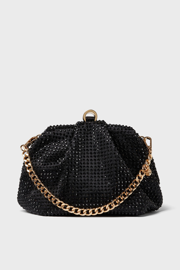 Olga Berg black beaded embellished clutch with gold chain strap and clasp closure—perfect for special occasions or as an addition to your evening bag collection.