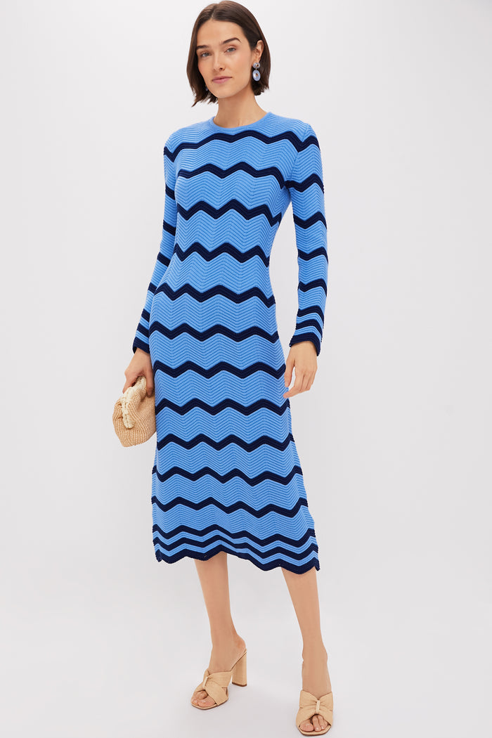 Cornflower Blue & Navy Zig-Zag Stripe Callan Knit Midi Dress