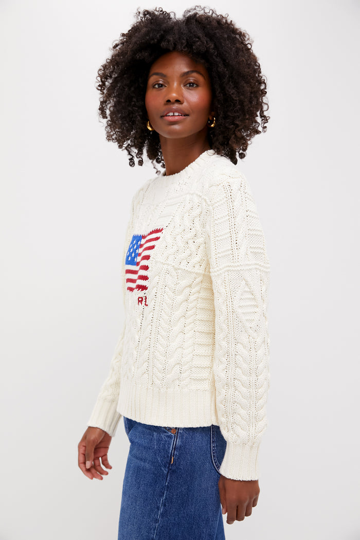 Cream American Flag Long Sleeve Pullover