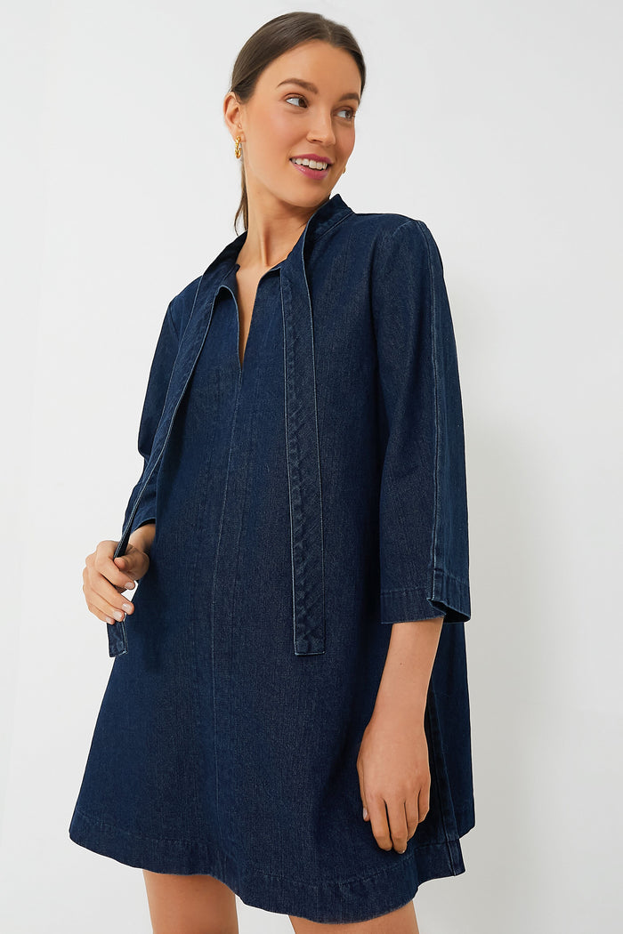 A woman wears a dark heavyweight, loose-fitting Pomander Place Denim Marsella Dress with a collar and long sleeves, standing in a plain white setting.