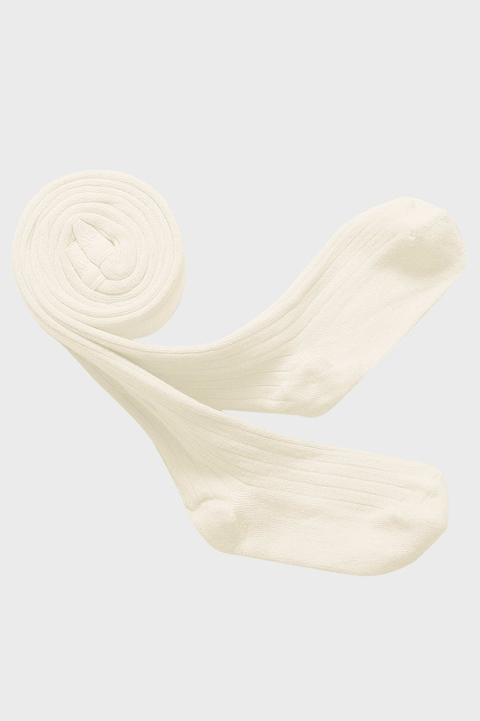 A pair of long, cream-colored ribbed socks from Collegien Tights, made in France, laid out flat.