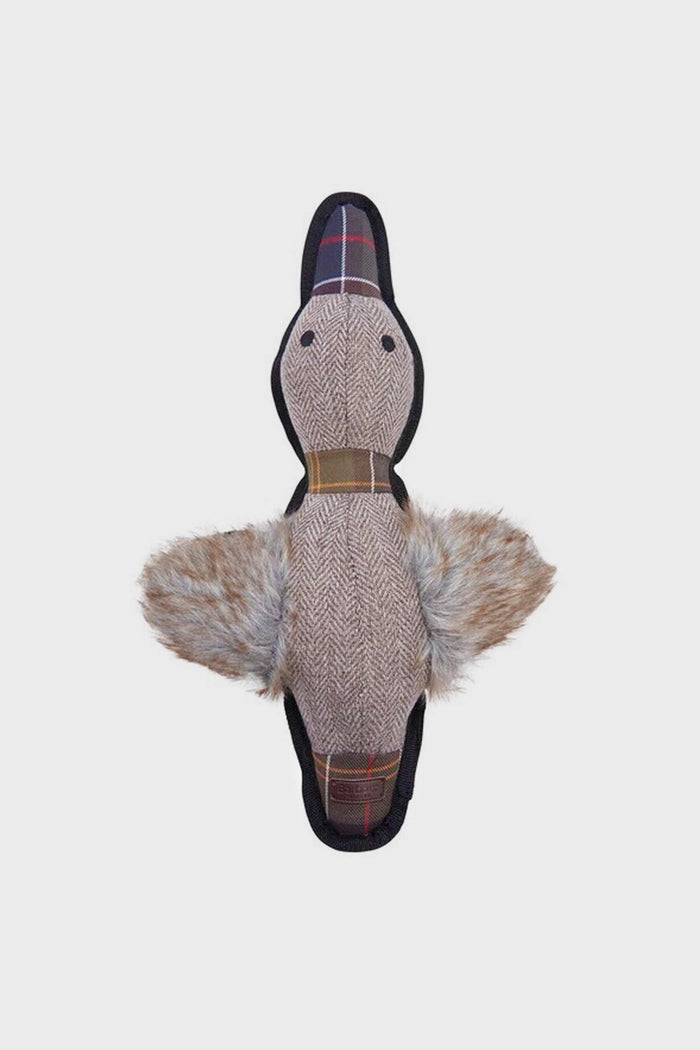 Barbour plush patchwork dog toy shaped like a duck, with a patterned fabric body, faux fur wings, black edging, and button-like eyes for extra charm.