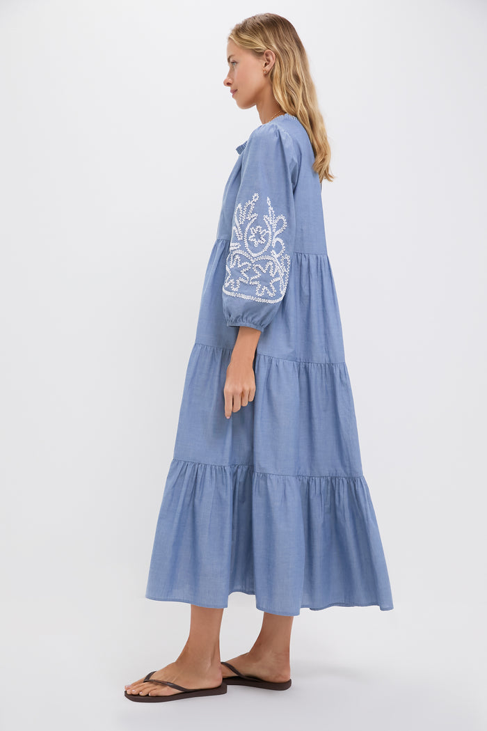 Embroidered Chambray Long Sleeve Salty Paloma Caftan