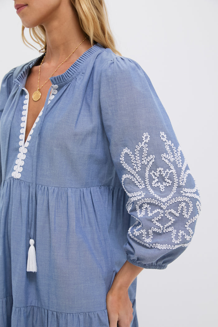 Embroidered Chambray Long Sleeve Salty Paloma Caftan
