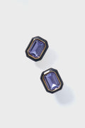 A pair of rectangular purple gemstone earrings with black and 14k gold plated trim, designed in the Francesca Studs style by Mignonne Gavigan.