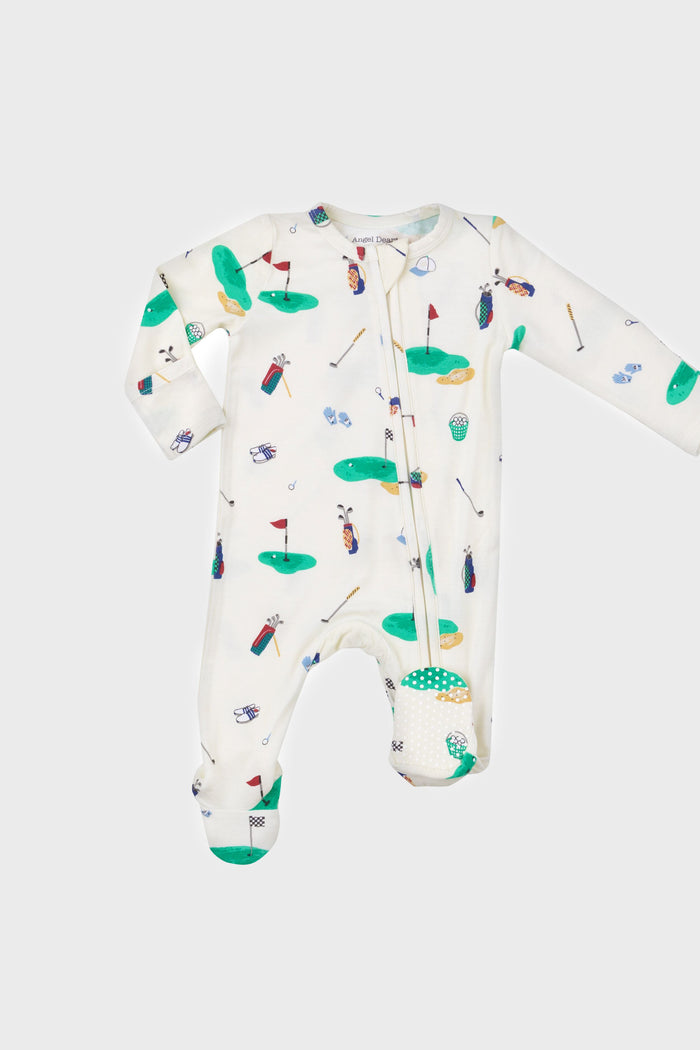 The Angel Dear white bamboo baby footie onesie has long sleeves, golf-themed prints (clubs, flags, bags), and a convenient 2-way zipper.