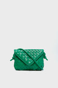 The Urban Expressions small green woven vegan leather crossbody bag features a flap closure and long strap, making it a stylish, animal-friendly accessory.