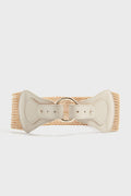 The B-Low the Belt wide woven straw belt features a beige genuine leather front panel, two decorative buckles, and an elastic back for an adjustable fit.