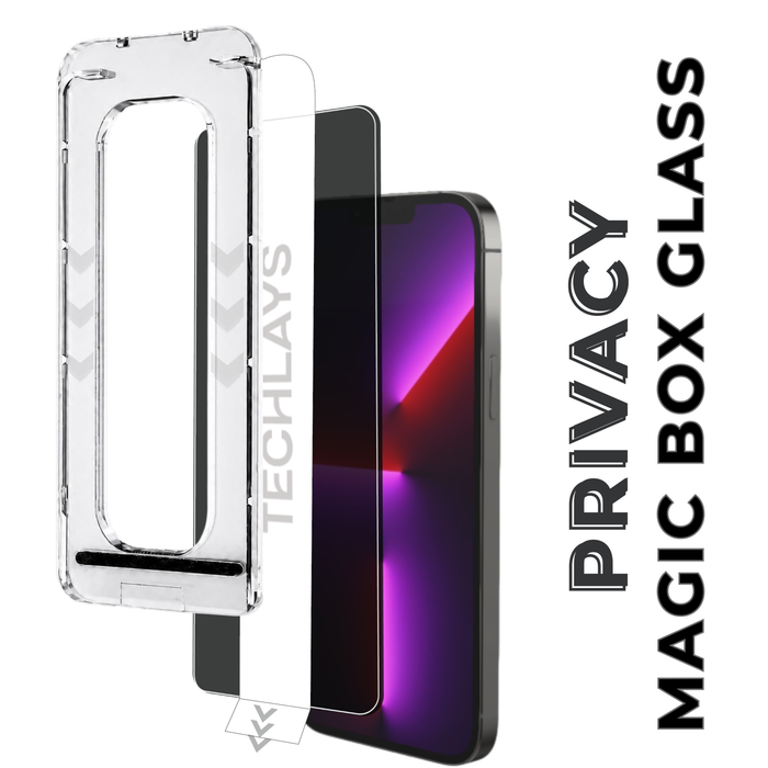 Magic Box Privacy Tempered Glass with Alignment Tray & Nanbo High Aluminium Technology for Iphone 13