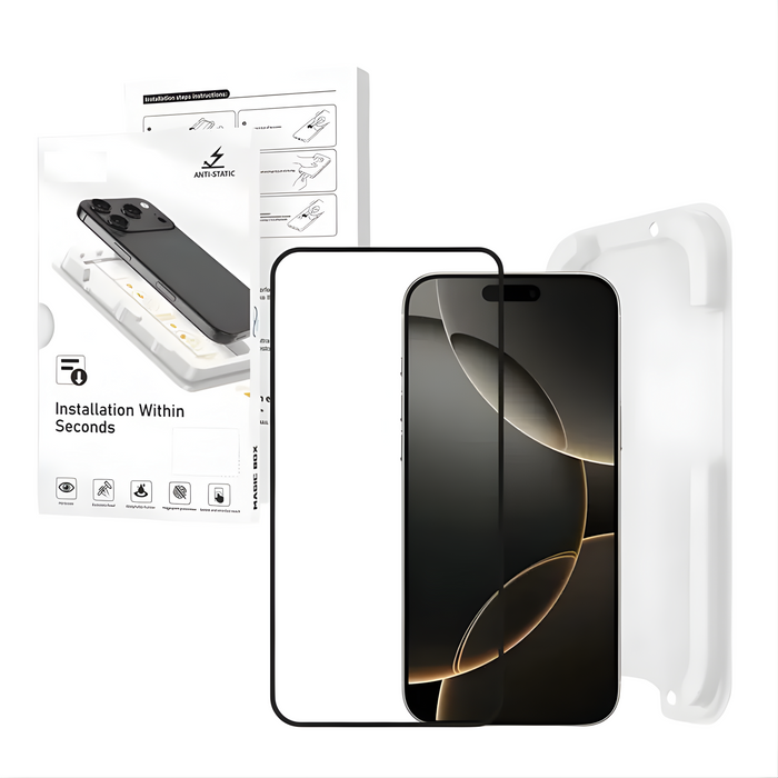 Magic Box Privacy Tempered Glass with Alignment Tray & Nanbo High Aluminium Technology for Iphone 14