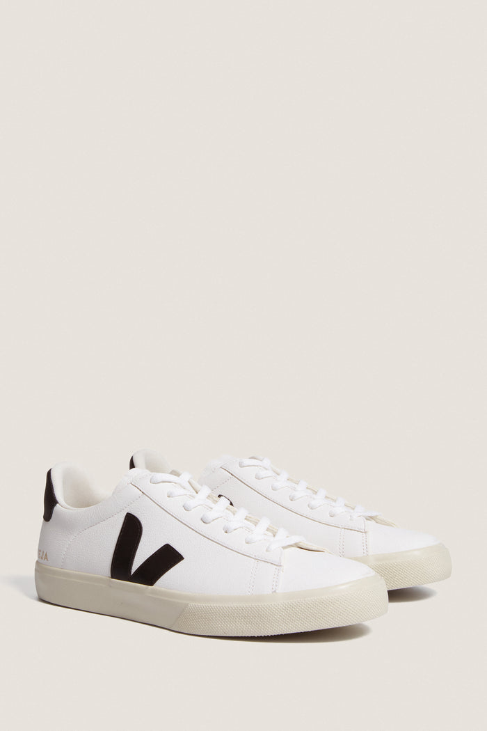 Men's Extra White Black Campo Sneakers, featuring classic low-top design with effortless white leather and black accents, cream soles; a fun, high-end choice for casual outings.