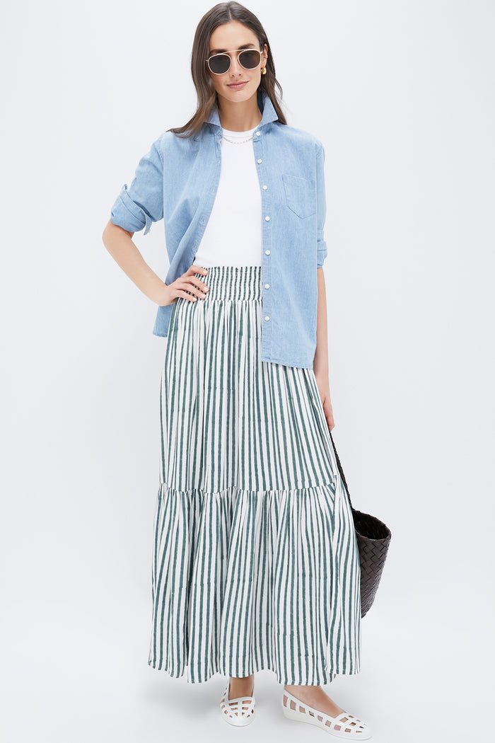 Moss Stripe Shirred Skirt