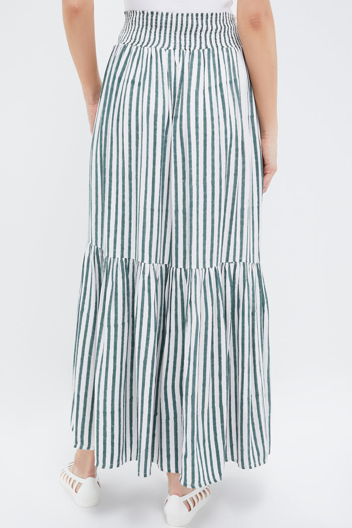 Moss Stripe Shirred Skirt