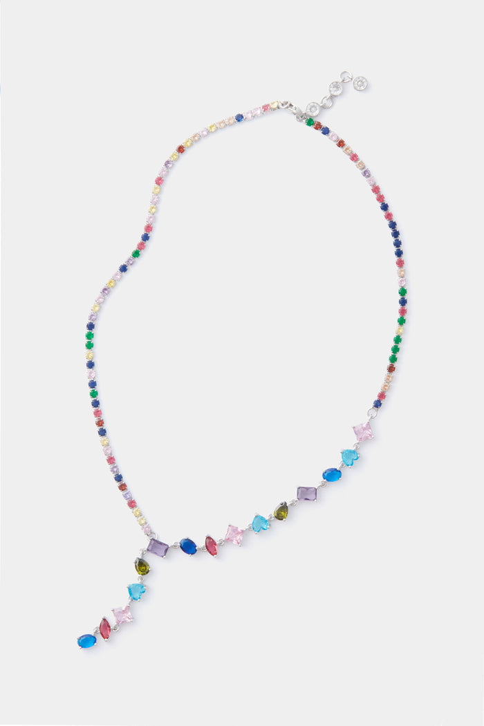 The Petit Moments Multi Colette Necklace features multicolored beads and assorted gemstones in vibrant shapes, creating a colorful crystal statement piece.