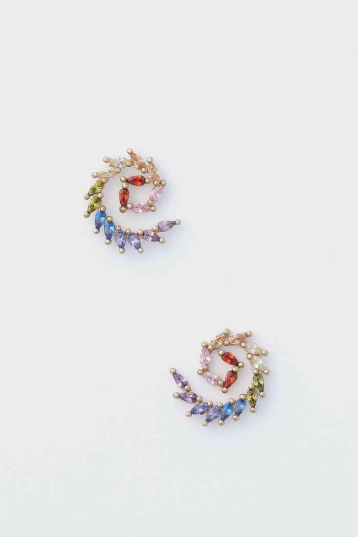Mignonne Gavigan spiral-shaped 14k gold plated earrings featuring multicolored gemstone clusters in a gradient design.