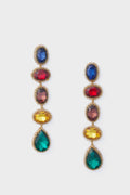Deepa Gurnani gold crystal dangle earrings with five oval and teardrop multicolored gemstones—blue, red, yellow, and green—make perfect handcrafted accessories for any occasion.