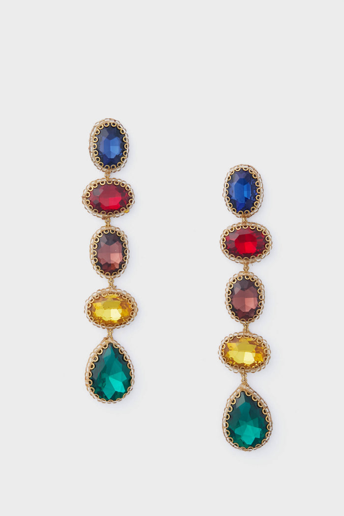 Deepa Gurnani gold crystal dangle earrings with five oval and teardrop multicolored gemstones—blue, red, yellow, and green—make perfect handcrafted accessories for any occasion.