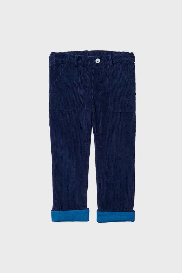 Oso & Me navy blue corduroy kids pants feature front pockets, a button closure, rolled-up cuffs, and an adjustable waistband for comfort.