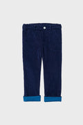 Oso & Me navy blue corduroy kids pants feature front pockets, a button closure, rolled-up cuffs, and an adjustable waistband for comfort.