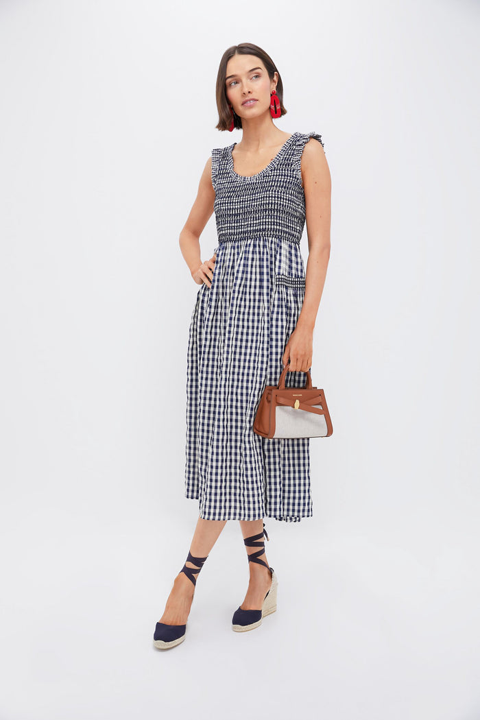 Navy Gingham Smocked Abilene Midi Dress