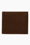 A closed brown leather billfold by Barbour with a subtle embossed logo on the bottom right corner and a convenient coin pocket.