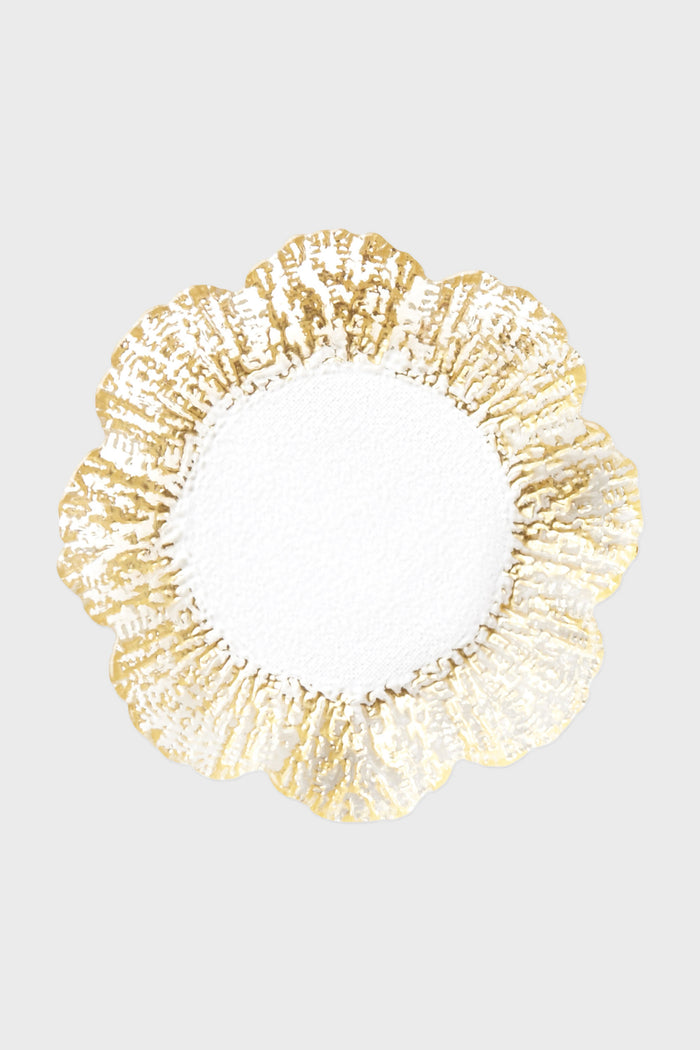 The Vietri gold and white textured Rufolo Glass Canape Plate, handmade in Italy and shaped like a flower, brings the elegance of Italian ceramic dinnerware to your table.