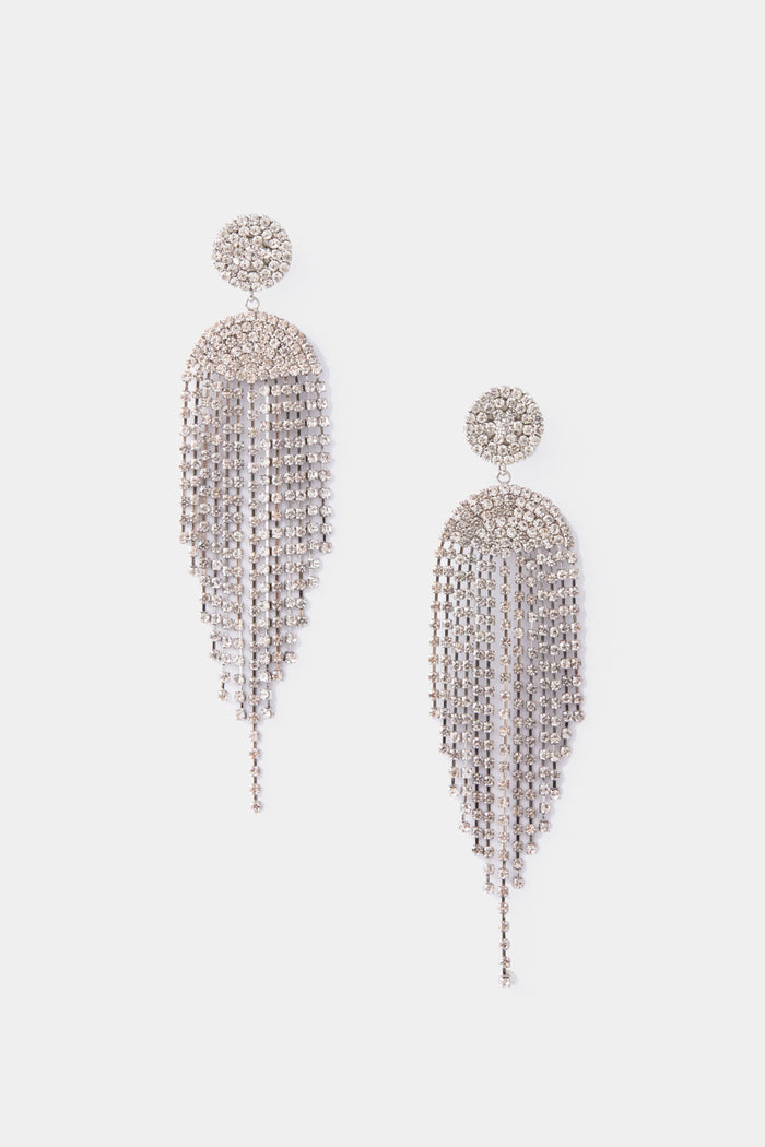 A pair of Petit Moments silver crystal chandelier earrings featuring round jeweled tops and cascading rhinestone strands—the perfect party jewelry.