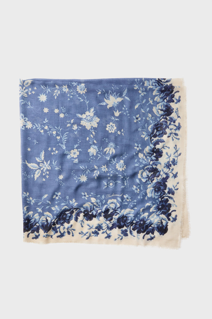 Slate Blue Fading Floral Silk Cashmere Blend Large Scarf
