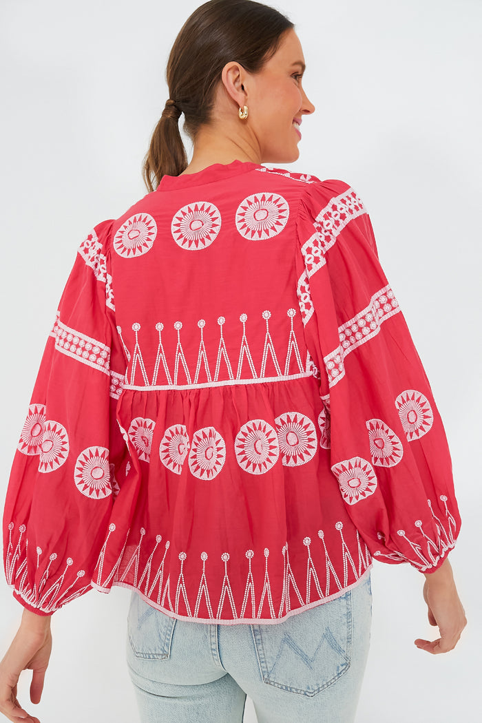 Soleil Red Mandarin Balloon Sleeve Top