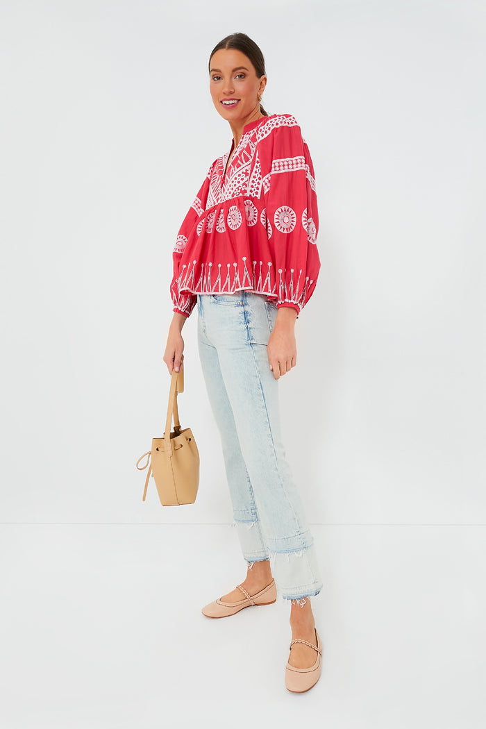 Soleil Red Mandarin Balloon Sleeve Top