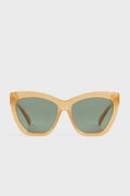 Le Specs thick-framed yellow cat-eye sunglasses with dark green polarized lenses.