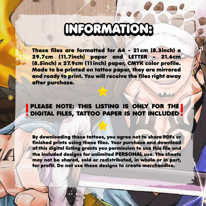 Trafalgar D. Water Law - One Piece | READY TO PRINT .PDF TATTOOS | FULL SET - AlunaCreates