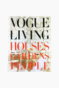 Cover of Rizzoli's book "Vogue Living: Houses, Gardens, People" with bold black and red text, highlighting an interior design collection of stunning houses and gardens.
