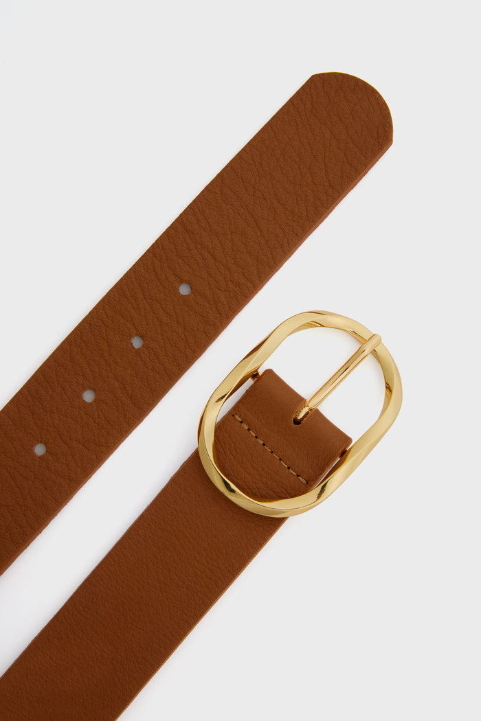 Brown belt in cowhide leather with a gold oval buckle by B-Low the Belt—ideal for elevating any outfit.